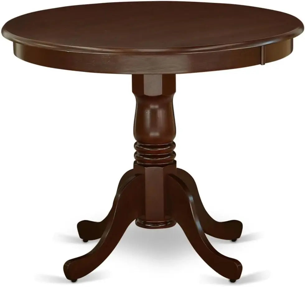 El juego de comedor de 5 piezas ANNO5-MAH-W de East West Furniture incluye una mesa de comedor redonda con pedestal y 4 sillas con asiento de madera.