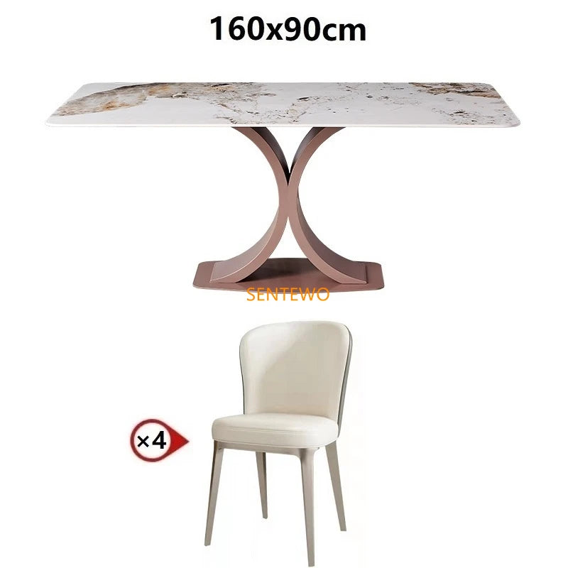 Mesa de comedor de lujo SENTEWO con losa de roca y silla de acero inoxidable con base de oro rosa y mármol sintético, muebles para cocina