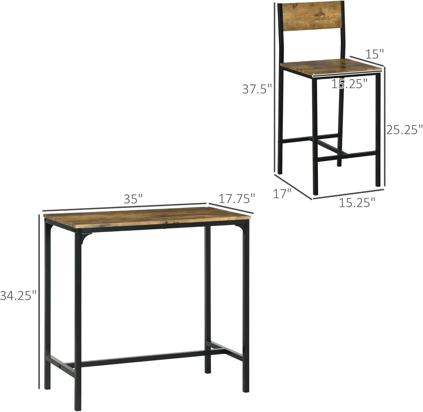 3 Piece Bar Table and Chairs, Industrial Dining Table Set for 2, Counter Height Kitchen Table with Bar stools