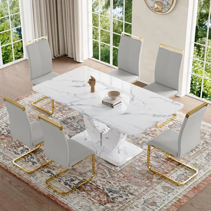 Juego de mesa de comedor de 6 piezas, juego de mesa de comedor de imitación de mármol blanco de 6 piezas, juego de mesa de cocina rectangular de 63 pulgadas, juego de 6 sillas para comedor, cocina y sala de estar