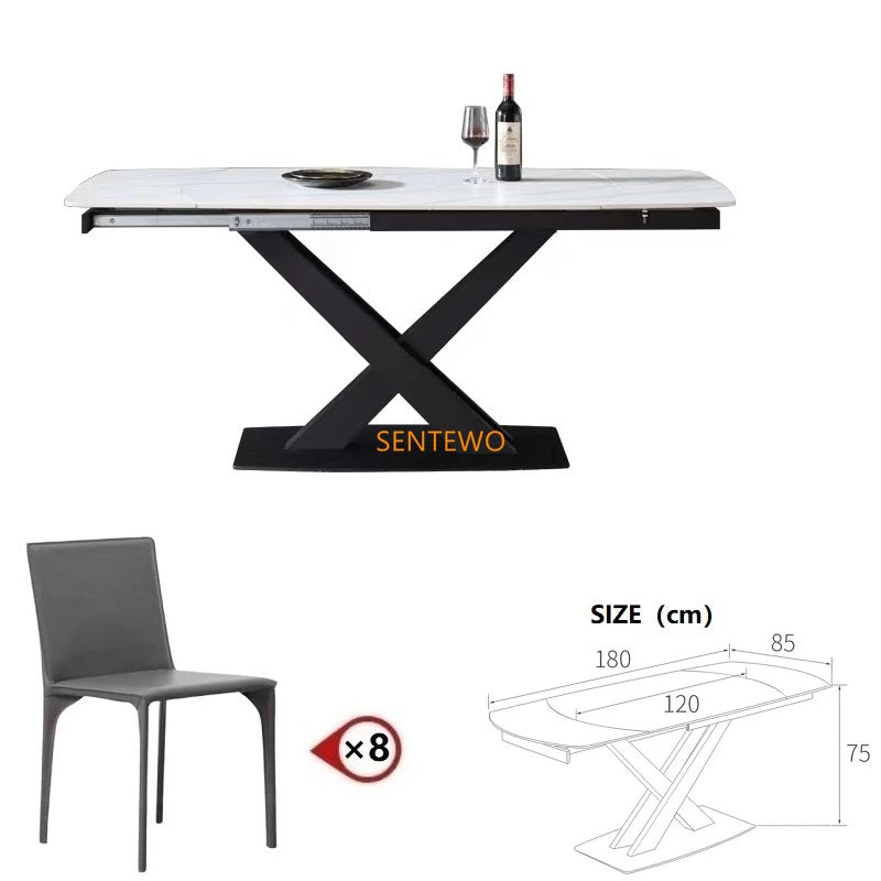 SENTEWO Table à manger extensible moderne en dalle de roche blanche avec 4 6 8 chaises, base en acier au carbone, table pliante noire, livraison gratuite