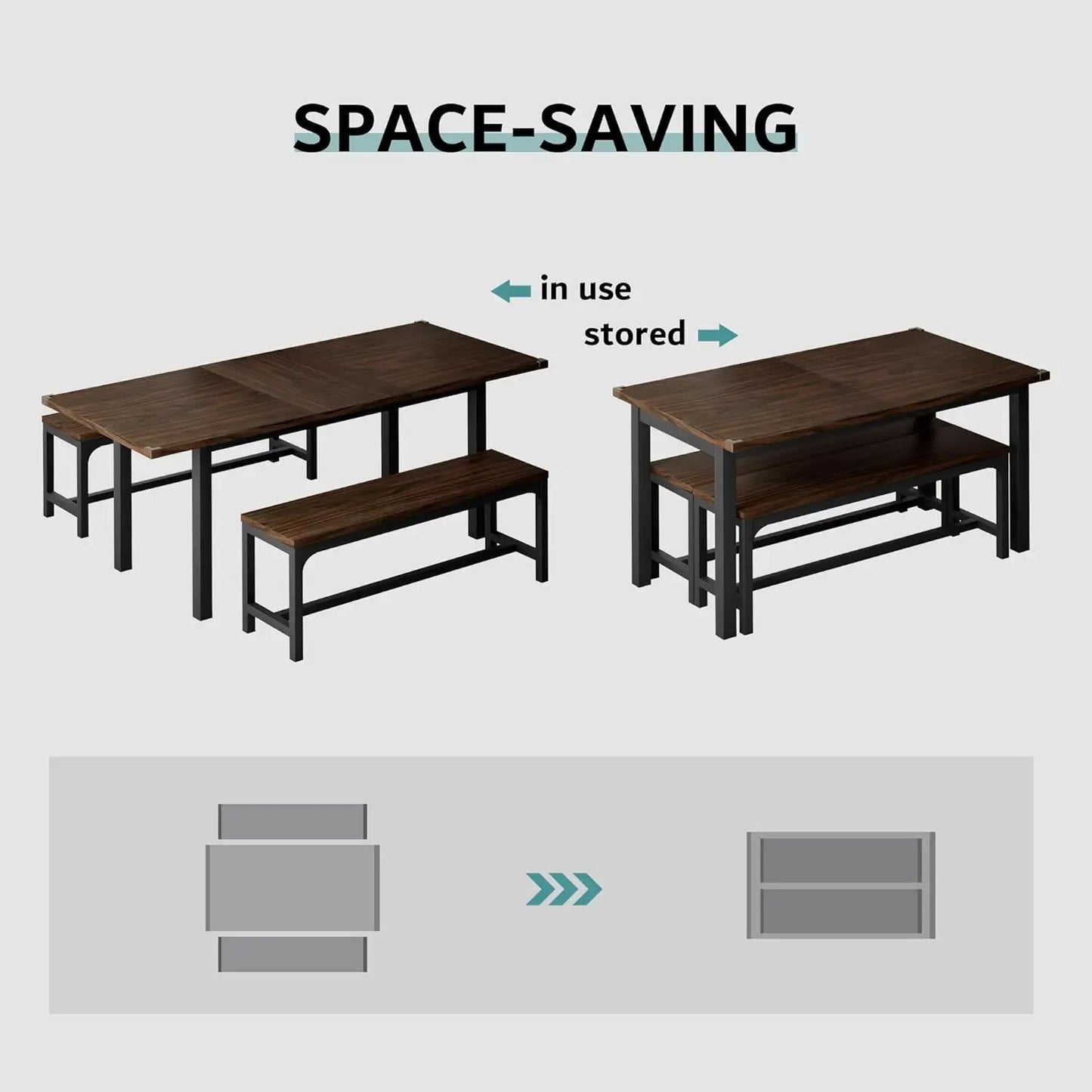 3 Pcs 63" Dining Table for 4-6, Extendable Dining Room Table with 2 Benches, Mid Century-Modern Kitchen Table Set