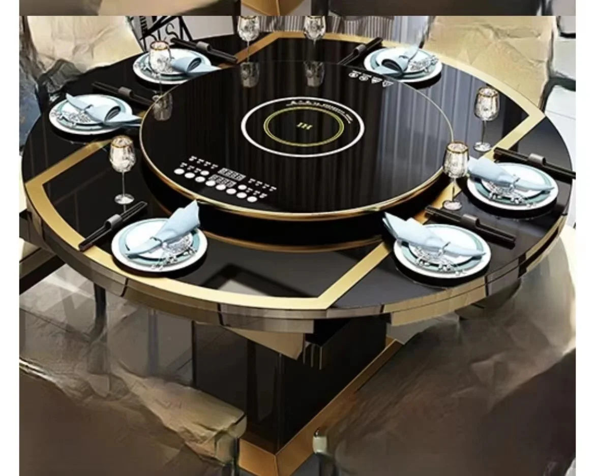 Folding with induction cooker dining table chair combination with turntable telescopic rotating size variable round table