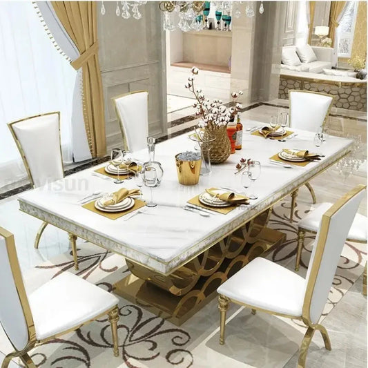 Mesa de comedor y sillas modernas de mármol de primera calidad, combinación de acero inoxidable, corona, apartamento, mesa tallada en oro, muebles de mesa