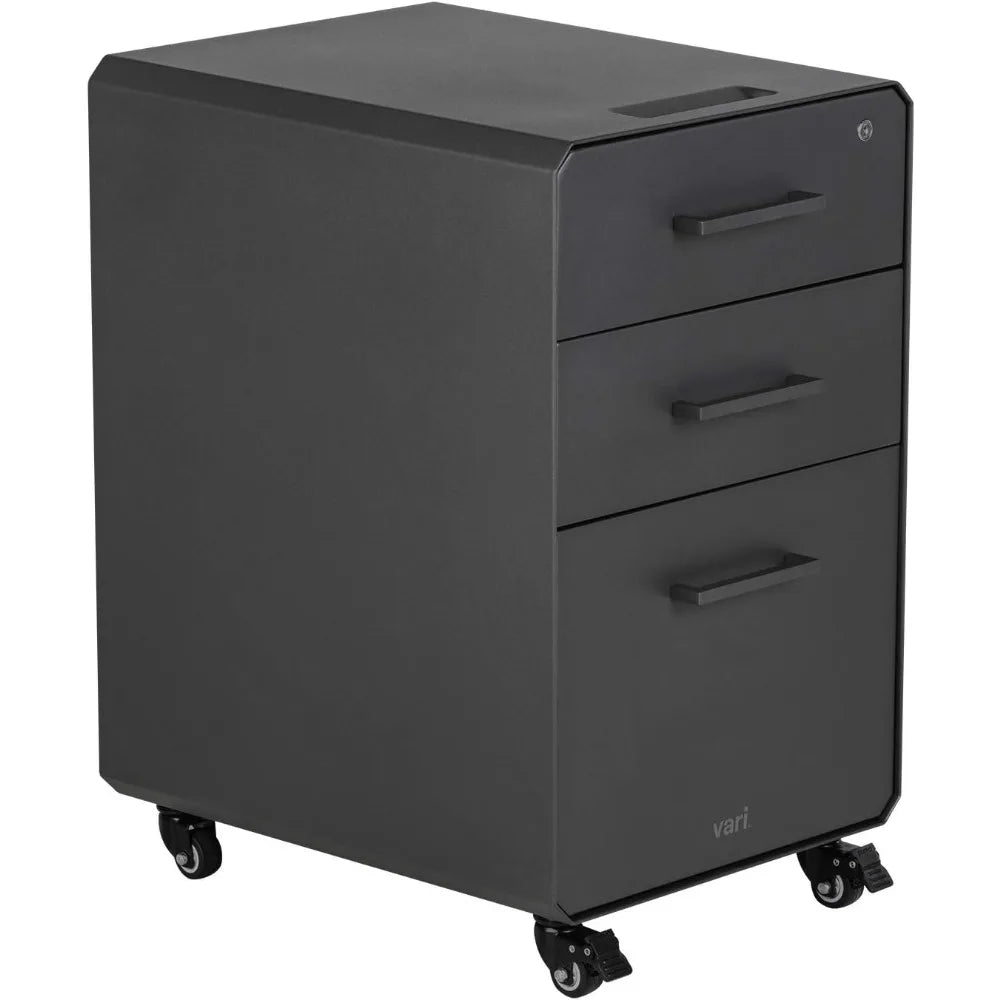 File Cabinet Three Drawer - Mobile Filing Cabinet for Home or Office - Lockable Drawers with and Rolling Casters - Charcoal Grey