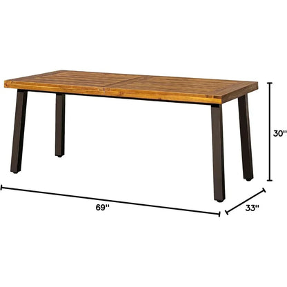 Table à manger en acacia pour 6 personnes, table d'intérieur et d'extérieur, pieds en fer, finition sablée, teinte naturelle, rustique, 69 x 33 x 30 pouces