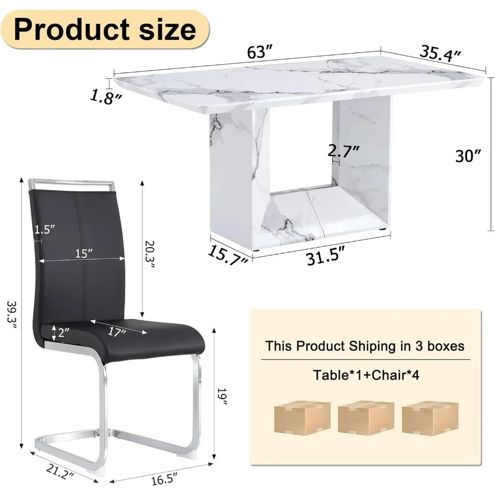 Ensemble de table à manger, motif imitation marbre moderne, base en panneau de densité MDF, table à manger et chaises en cuir à dossier en PU, ensemble de table à manger