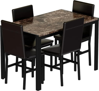 Juego de mesa de comedor de mármol para 4, mesa rectangular de imitación de mármol y 4 sillas de cuero PU, juego de mesa de cocina de 5 piezas Juegos de comedor