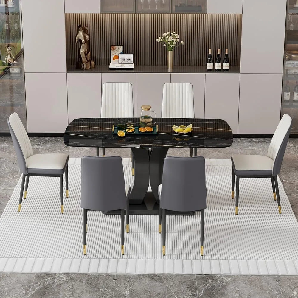 Juego de mesa de comedor moderno para 6 personas, juego de mesa y sillas de mármol para 6 personas, mesa rectangular con 6 sillas acolchadas de cuero sintético