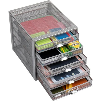 File Storage Drawers, Desk Organizer, Multi-Purpose, Crafts, Office, Metal Mesh, 11"L x 14"W x 11"H, Silver