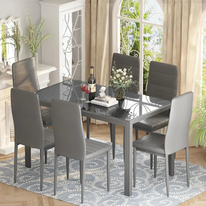 Recaceik, 7 Piece Kitchen 6 Person, Tempered Glass Table and PU Leather Chairs Modern Dining Room Sets for Small Space, Grey