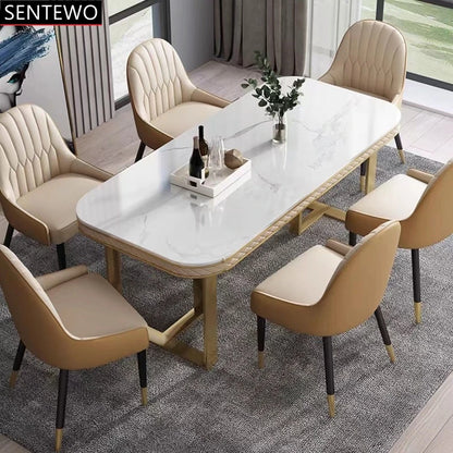 SENTEWO Ensemble de table à manger de cuisine en marbre de luxe italien avec chaise et cadre doré en acier inoxydable Mesa Com 6 Cadeiras