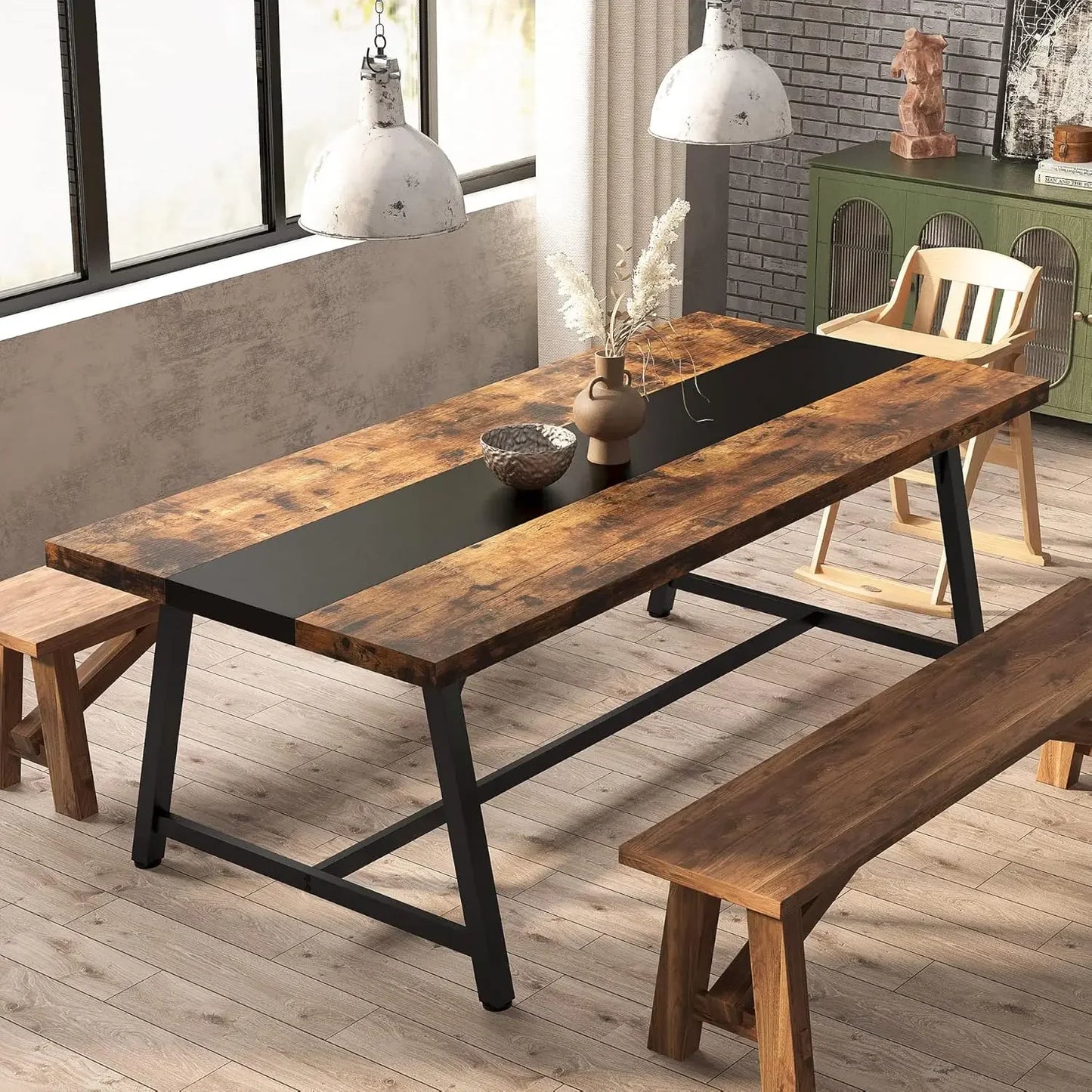 Mesa de comedor para 8 personas, mesa de cocina rectangular de madera de 70,87 pulgadas con marco de metal resistente, mesa de comedor industrial grande y larga