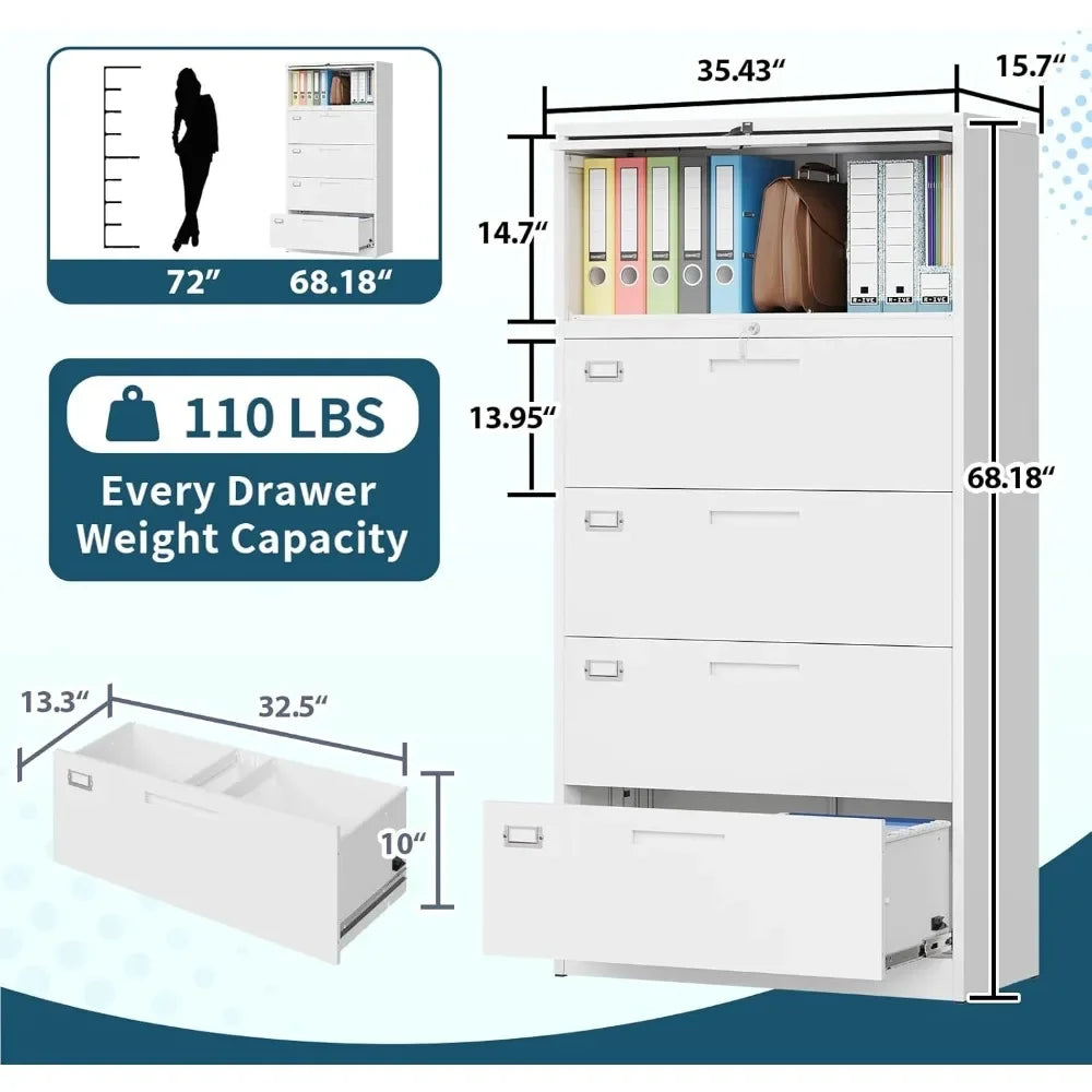 Archivador con estante y puerta abatible, archivadores laterales de metal de 5 niveles con cerradura, archivador de 4 cajones