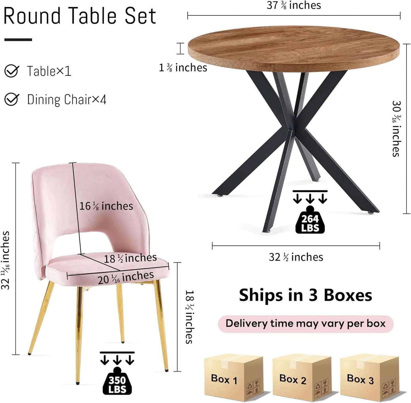 NORDICANA Juego de mesa de comedor de 5 piezas de 37 pulgadas para 4 personas: mesa redonda que ahorra espacio y sillas con 4 asientos tapizados en terciopelo