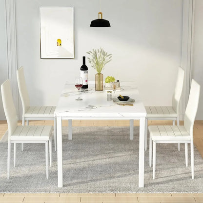 Juego de mesa de comedor para 4 personas, mesa de cocina de mármol y sillas para 4 personas, cómodas sillas de cuero sintético, juego de mesa de comedor para espacios pequeños