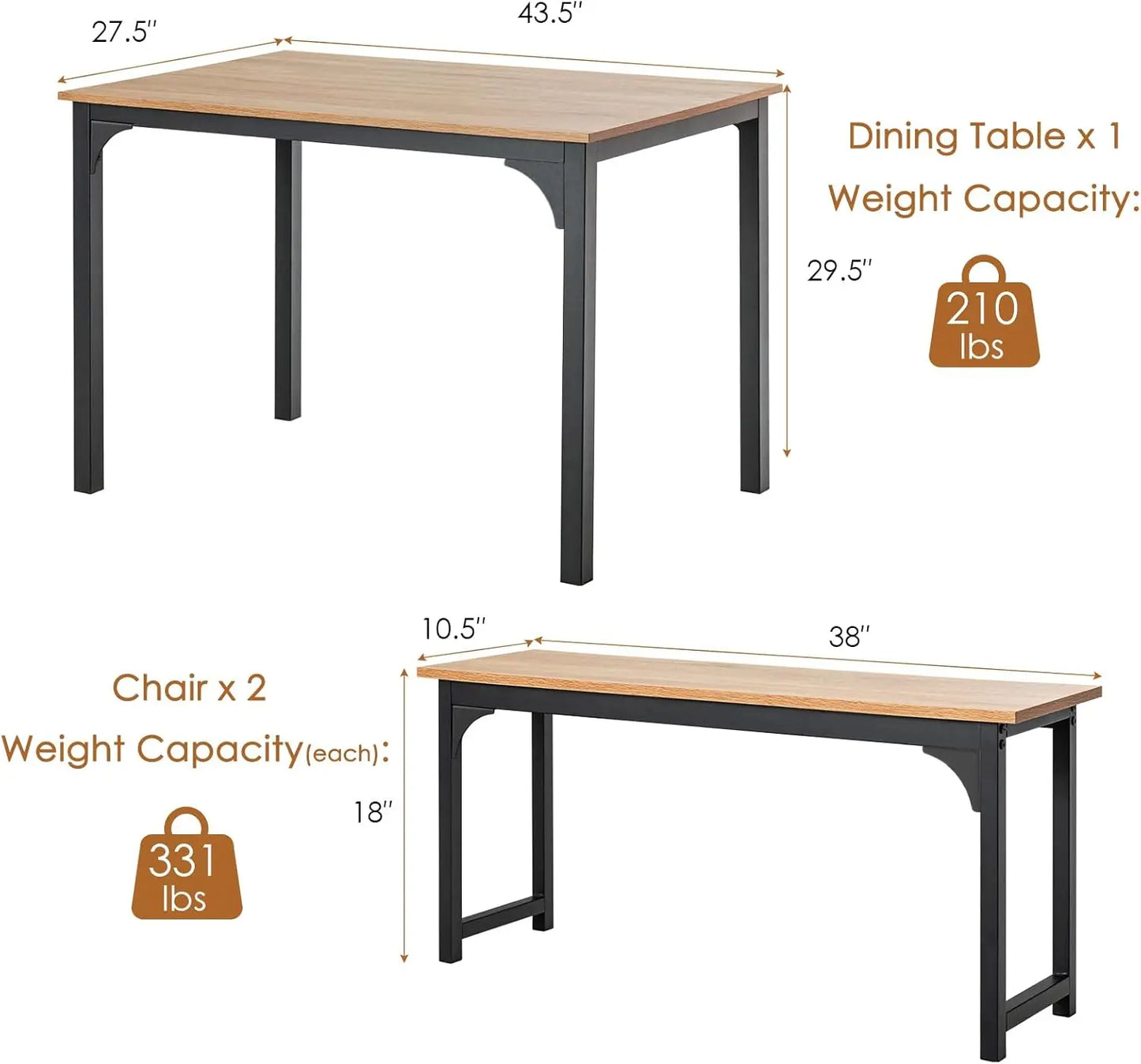 3-Piece Dining Table Set for 4, 43.5" Modern Kitchen Table Set w/2 Benches & Metal Frame, Space Saving Dining Room Table Set