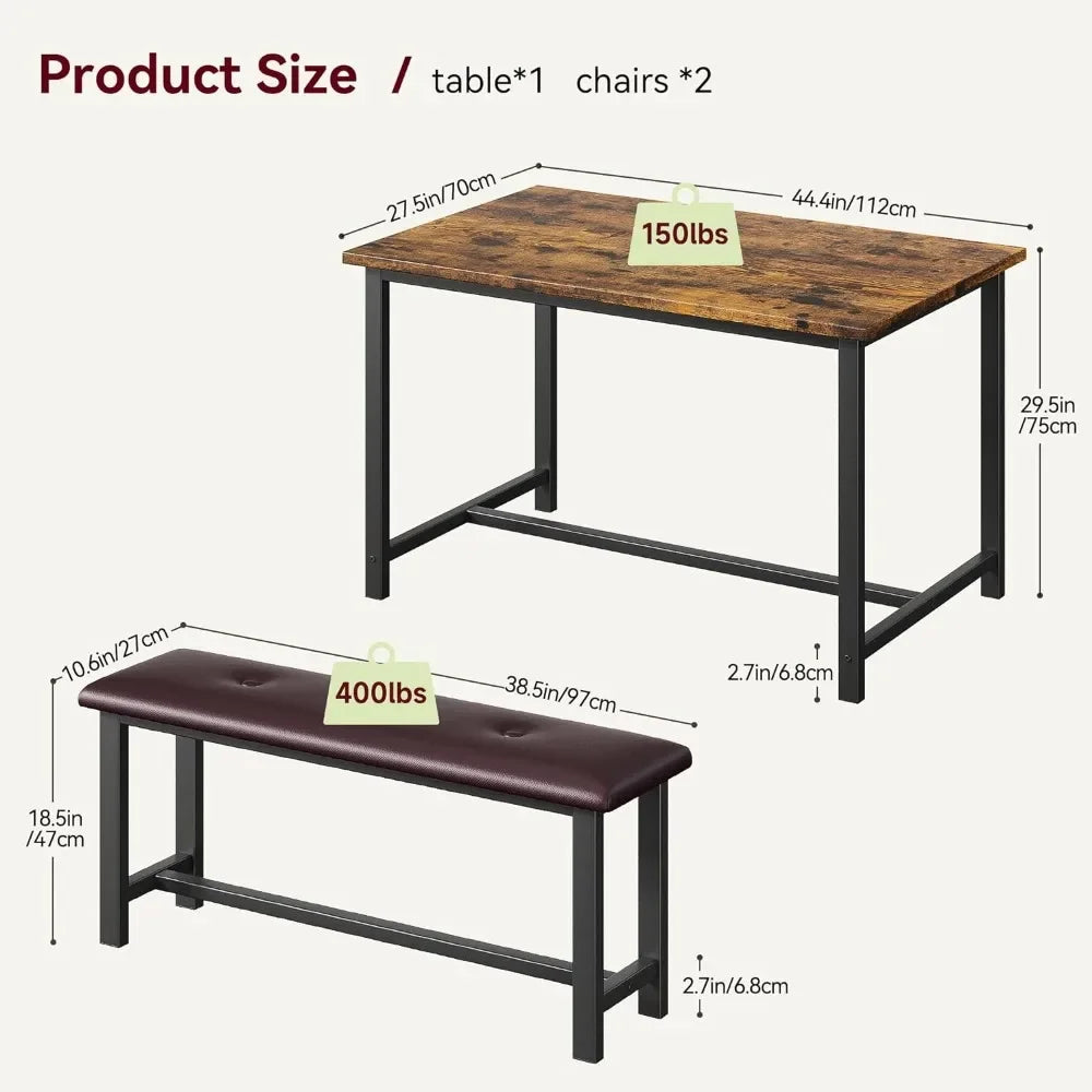 Juego de mesa de comedor para 4, mesa de cocina con bancos, juego de mesa de comedor rectangular con 2 bancos de madera y metal, juego de comedor de 3 piezas