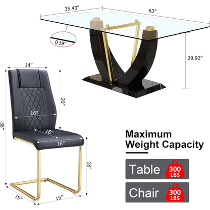 Ensembles de salle à manger, ensemble de table en verre de 63 po pour 4 personnes, plateau épais de 0,39 po, 5 pièces avec 4 chaises de salle à manger en cuir, ensembles de salle à manger