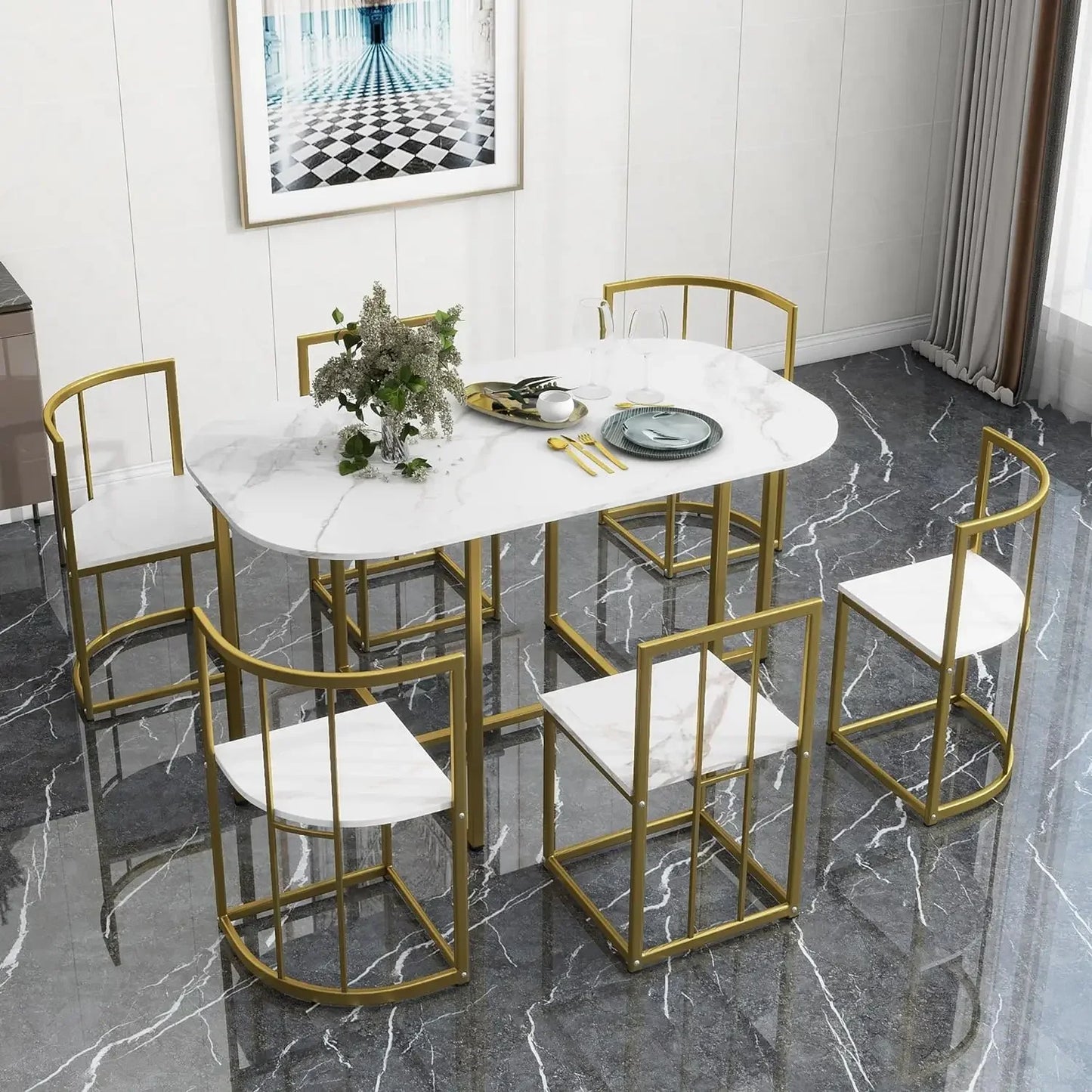 Modern 7-piece Set Table Set, Equipped with Imitation Marble Table and Triangular Chair Design, 55 Inch Kitchen Dining Table Set