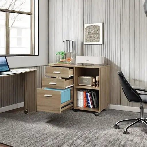 3-Drawer wooden filing cabinet, mobile horizontal filing cabinet, printer rack with open storage rack for home office