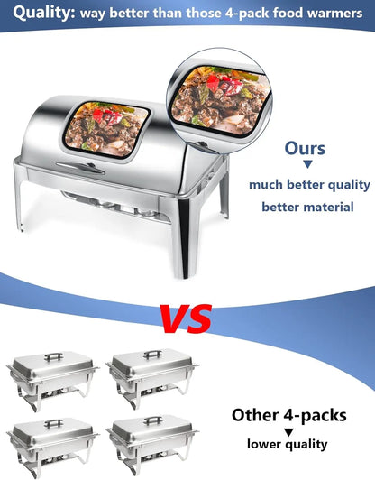 Rectangular Roll Top Chafing Dish Buffet Set, Catering Food Warmer for Parties, Wedding, Birthday, Christmas, 1 Full Size & 2 Ha