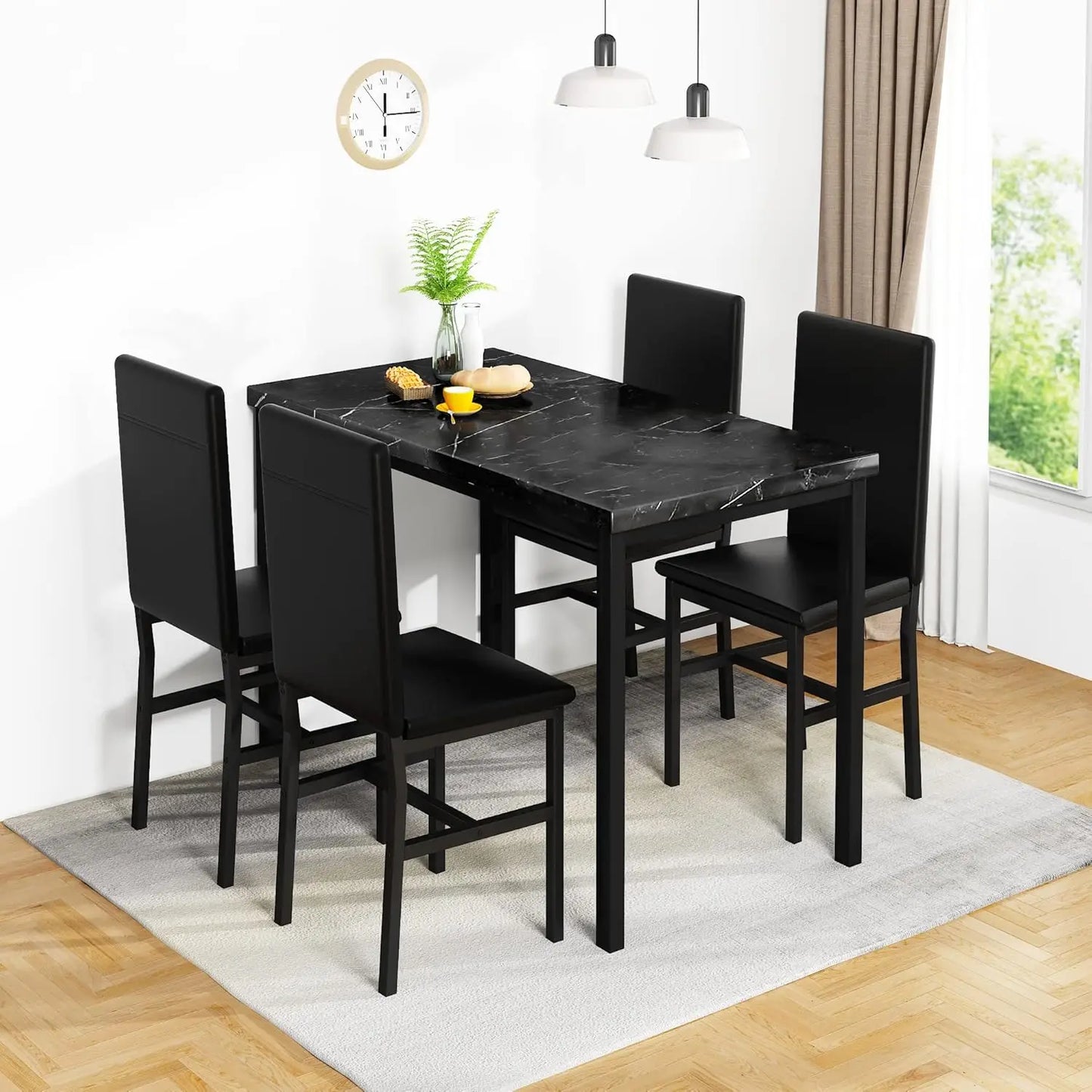 Table à manger en faux marbre noir avec 4 chaises rembourrées, ensemble de salle à manger 5 pièces pour petit espace, table de petit-déjeuner et bar