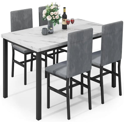 Ensemble de table à manger pour 4 personnes, ensemble de table et de chaises de cuisine moderne de 4 pièces, ensemble de table de salle à manger peu encombrante de 5 pièces avec plateau en faux marbre