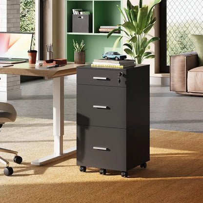 3 drawer rolling file cabinet with lock, wooden file cabinet suitable for letter/A4 size home office