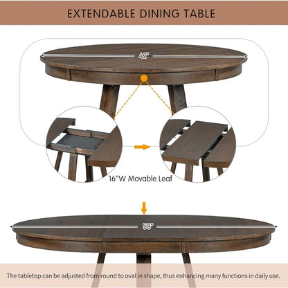 Juego de mesa de comedor extensible redonda con 4 sillas tapizadas, juego de comedor de cocina de 5 piezas con mesa redonda, juego de comedor de madera