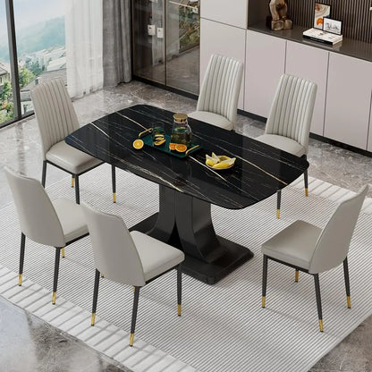 Juego de mesa de comedor moderno para 6 personas, juego de mesa y sillas de mármol para 6 personas, mesa rectangular con 6 sillas acolchadas de cuero sintético