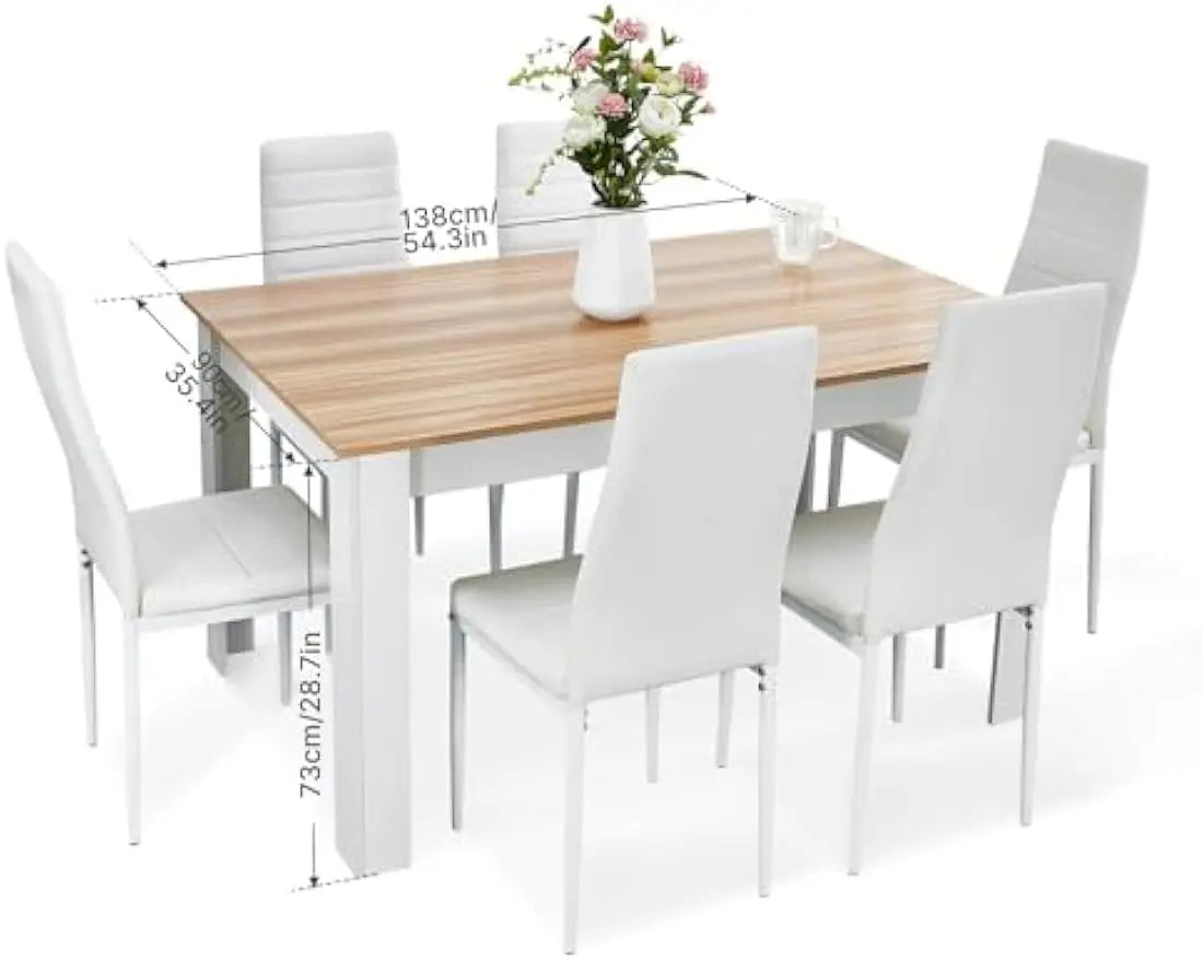 Juego de mesa y sillas de comedor de 6, 7 piezas, juego de mesa de cocina con respaldo alto, silla de cuero sintético para comedor, cocina, rectangular