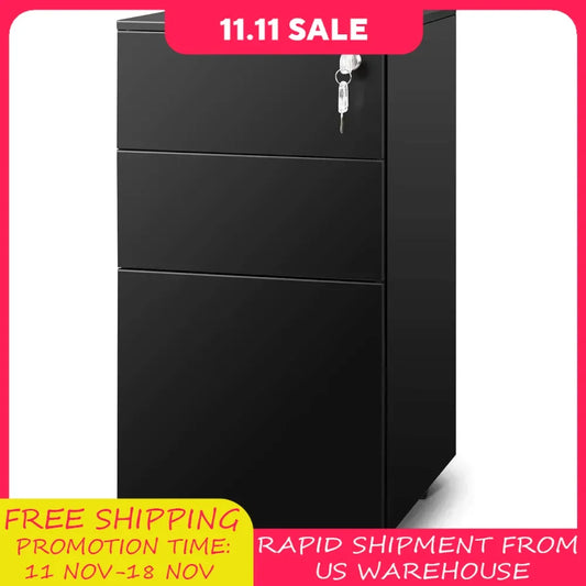 3-drawer Lockable Filing Cabinet, Metal Rolling Filing Cabinet for Home Office, Thin 11.8-inch Small Desk Cabinet, Black