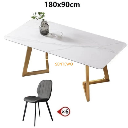 SENTEWO Luxury Rock Slab Kitchen Dining Table With Chair Set Stainless Steel Gold Base Faux Marble Top Table Mesa Com 6 Cadeiras