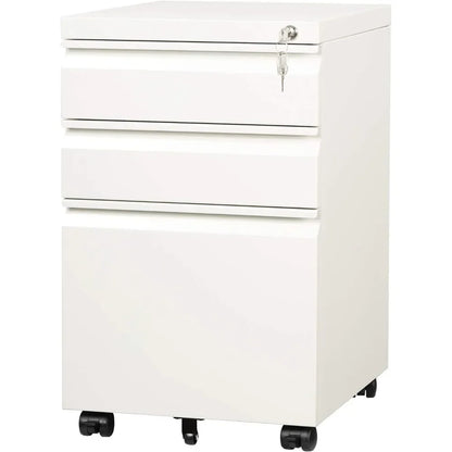 3 Drawer Mobile File Cabinet, Assembled (except casters), 17.1" D x 14.6" W x 23.8" H, Fits Letter/Standard Size, White