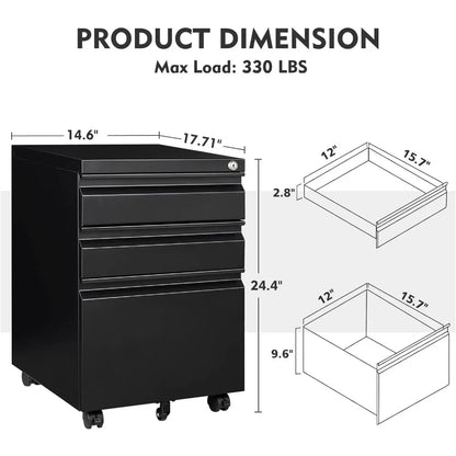 Classeur à 3 tiroirs sur roulettes sous le bureau, classeurs roulants en métal noir avec serrure pour bureau à domicile