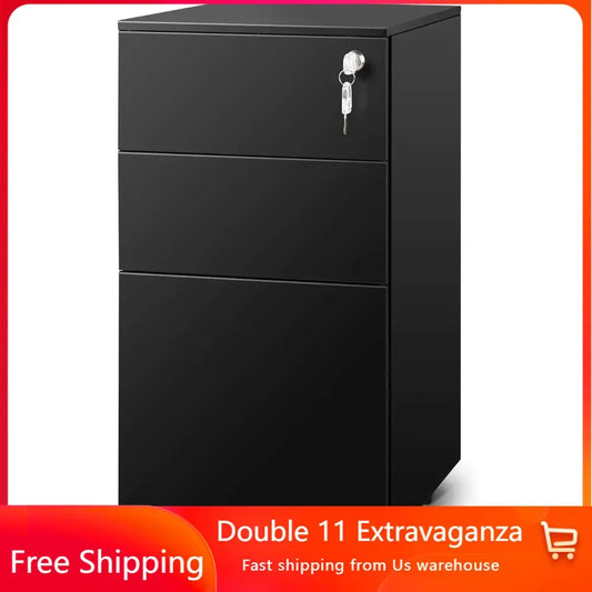 3-drawer Lockable Filing Cabinet, Metal Rolling Filing Cabinet for Home Office, Thin 11.8-inch Small Desk Cabinet, Black