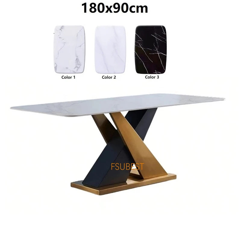 Mesa de comedor y sillas de lujo modernas para 8 personas, mesa de comedor rectangular de acero inoxidable y mármol