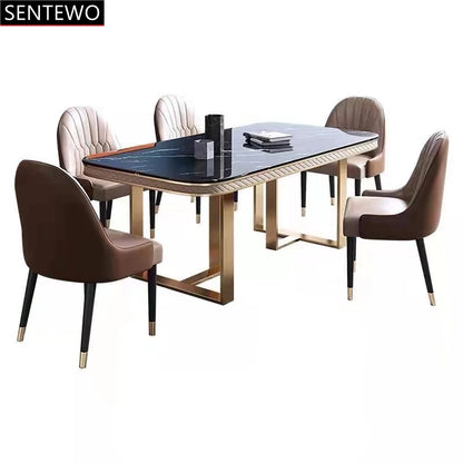 SENTEWO Ensemble de table à manger de cuisine en marbre de luxe italien avec chaise et cadre doré en acier inoxydable Mesa Com 6 Cadeiras