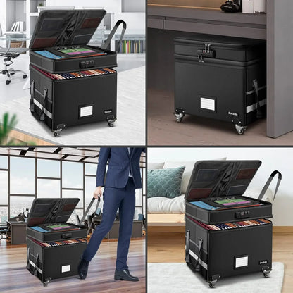 File Box with Lock, Multi-Layer Fireproof Document Box with Wheels,Collapsible Rolling File Storage Organizer Box with Pockets