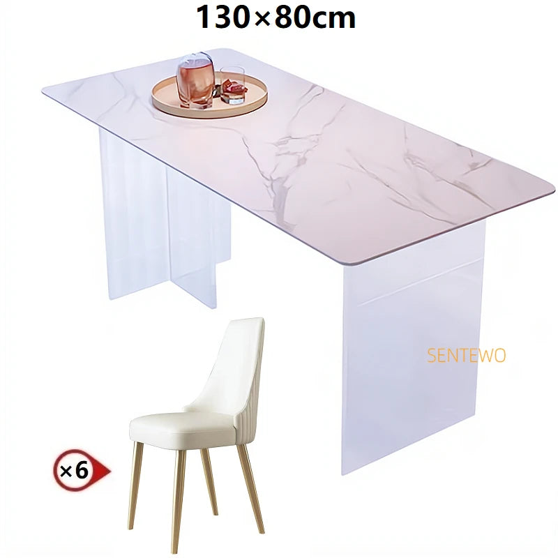 SENTEWO Free Shipping Marble Top Dining Table Set 4 Chairs Suspended Transparent Acrylic Base Tables Kitchen Home Furniture