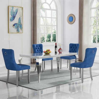 Ensemble de table à manger pour 4 personnes, tables à manger en faux marbre de 70 po avec piédestal en acier inoxydable, 4 chaises rembourrées, ensemble de salle à manger