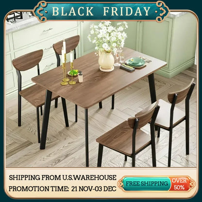 Modern Rectangular Dining Room Table and Chairs Set for 4, Brown Wooden Metal Table Set for Family Dinner, Party, and Work