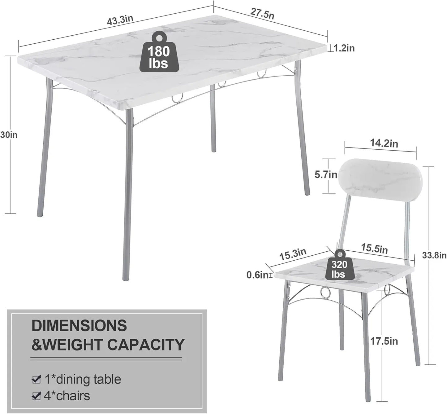 Ensemble de table à manger pour 4 personnes, 5 pièces, avec chaises, pour cuisine, coin déjeuner et petit espace, 43,3 po, blanc