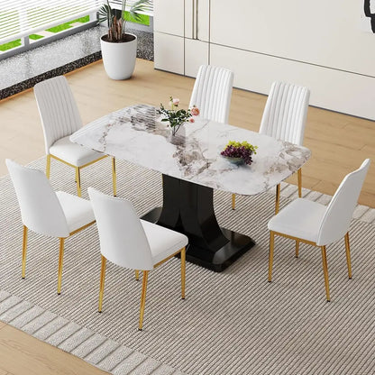 Juego de mesa de comedor moderno para 6 personas, juego de mesa y sillas de mármol para 6 personas, mesa rectangular con 6 sillas acolchadas de cuero sintético