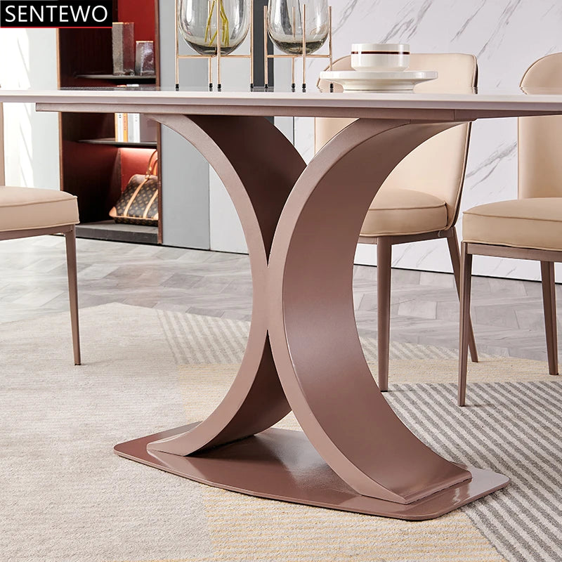 Mesa de comedor de lujo SENTEWO con losa de roca y silla de acero inoxidable con base de oro rosa y mármol sintético, muebles para cocina