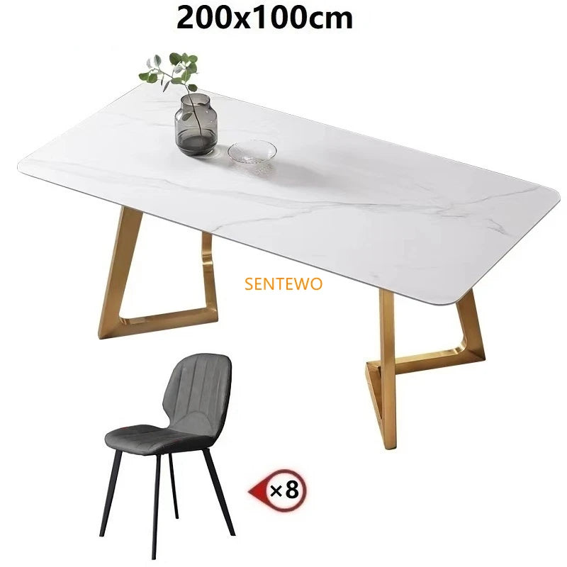 SENTEWO Luxury Rock Slab Kitchen Dining Table With Chair Set Stainless Steel Gold Base Faux Marble Top Table Mesa Com 6 Cadeiras