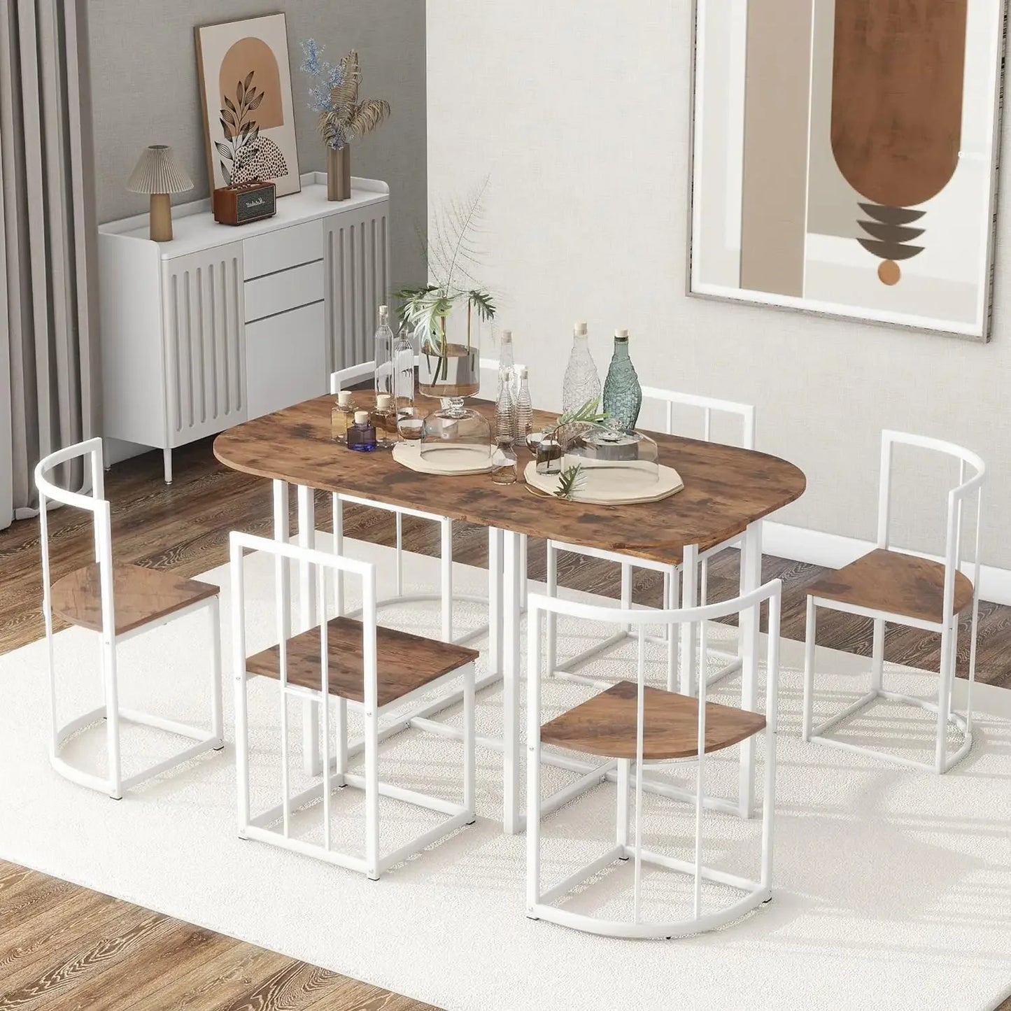 Modern 7-piece Set Table Set, Equipped with Imitation Marble Table and Triangular Chair Design, 55 Inch Kitchen Dining Table Set