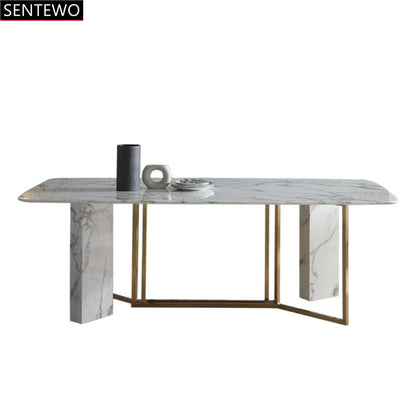 SENTEWO Ensemble de table à manger de cuisine et 6 chaises de luxe en marbre italien avec base en acier inoxydable doré