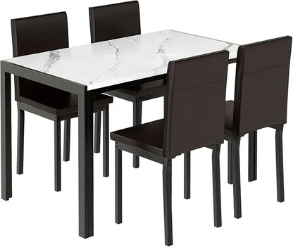 Ensemble de table à manger pour 4 personnes, tables à manger en faux marbre avec 4 chaises rembourrées en cuir PU, ensemble de table de salle à manger 5 pièces